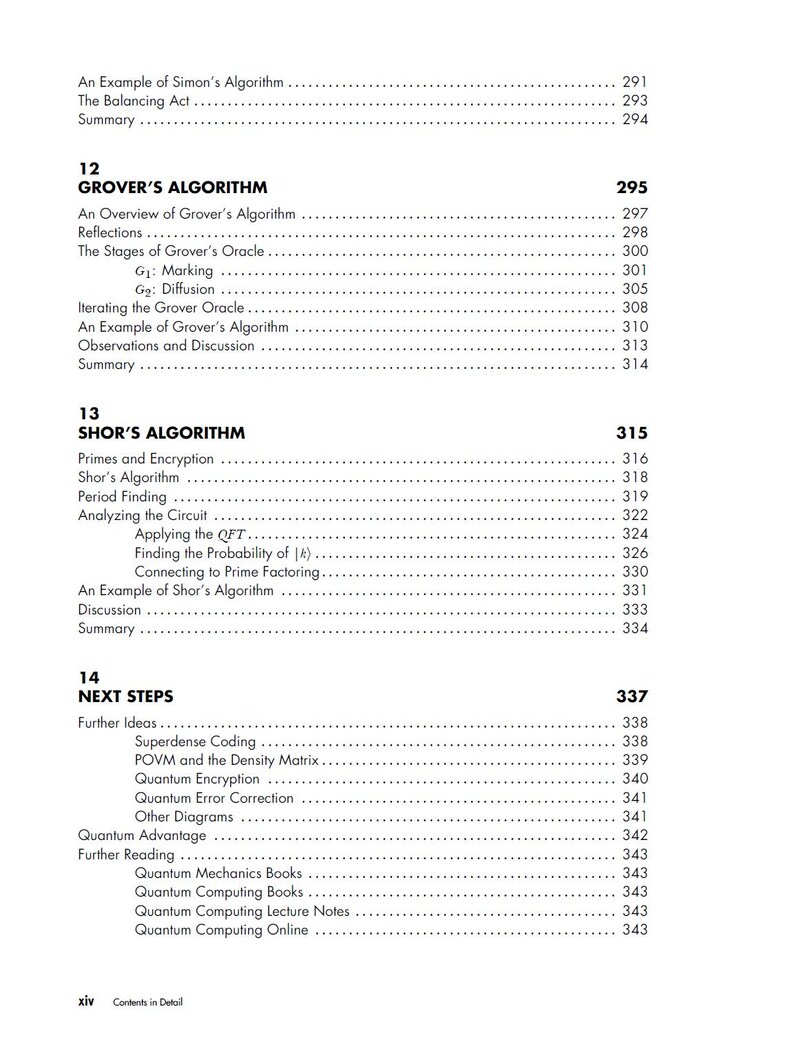 以下が含まれることがあります： 教科書の目次ページ（白黒）。第12章「Grover's Algorithm」（295ページ）、第13章「Shor's Algorithm」（315ページ）、第14章「Next Steps」（337ページ）が記載されており、各章のサブトピックとページ番号が詳細に列挙されています。