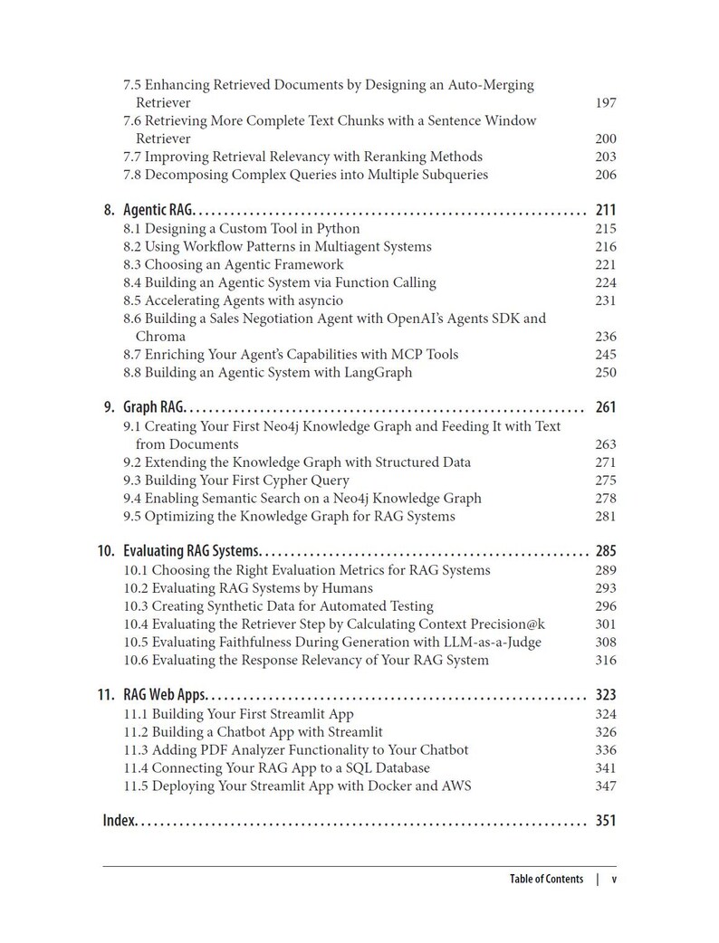 May include: A table of contents page from a technical book, featuring chapters 8 through 11. The text lists topics such as Agentic RAG, Graph RAG, Evaluating RAG Systems, and RAG Web Apps, along with their corresponding page numbers ranging from 211 to 351.