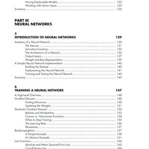 May include: A black and white table of contents page from a technical book, featuring Part III: Neural Networks. It lists chapter 5, Introduction to Neural Networks, and chapter 6, Training a Neural Network, with detailed subtopics and page numbers.
