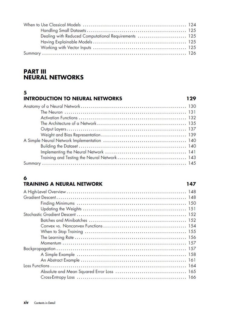 May include: A black and white table of contents page from a technical book, featuring Part III: Neural Networks. It lists chapter 5, Introduction to Neural Networks, and chapter 6, Training a Neural Network, with detailed subtopics and page numbers.