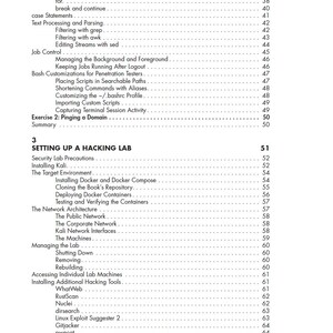 May include: A black and white table of contents page from a technical book. The text lists chapter sections including Loops and Loop Controls, Text Processing and Parsing, Job Control, and Setting Up a Hacking Lab, with corresponding page numbers.