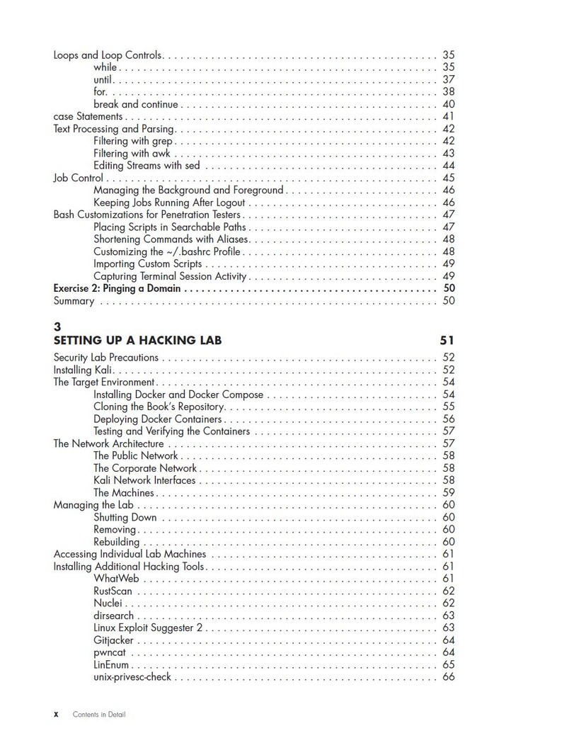 May include: A black and white table of contents page from a technical book. The text lists chapter sections including Loops and Loop Controls, Text Processing and Parsing, Job Control, and Setting Up a Hacking Lab, with corresponding page numbers.