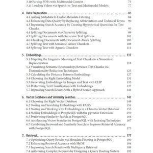 May include: A page from a table of contents featuring black text on a white background. The list includes sections 4, 5, 6, and 7, covering topics like Data Preparation, Embeddings, Vector Databases, Similarity Searches, and Retrieval with page numbers.
