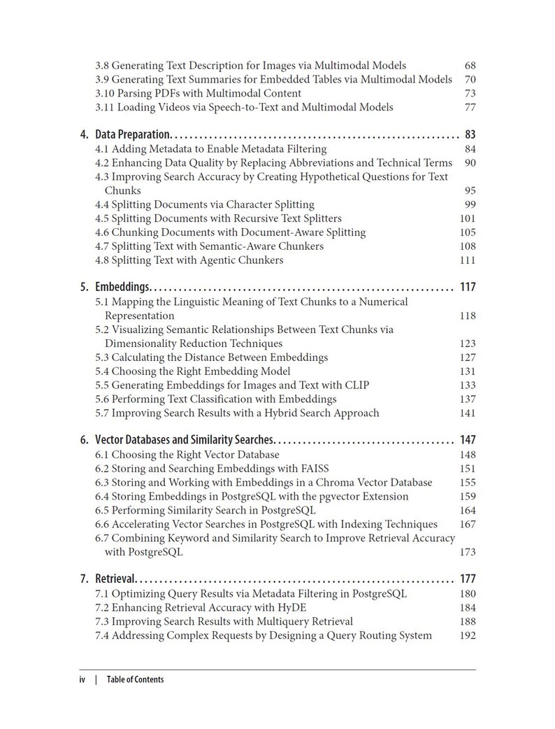 May include: A page from a table of contents featuring black text on a white background. The list includes sections 4, 5, 6, and 7, covering topics like Data Preparation, Embeddings, Vector Databases, Similarity Searches, and Retrieval with page numbers.