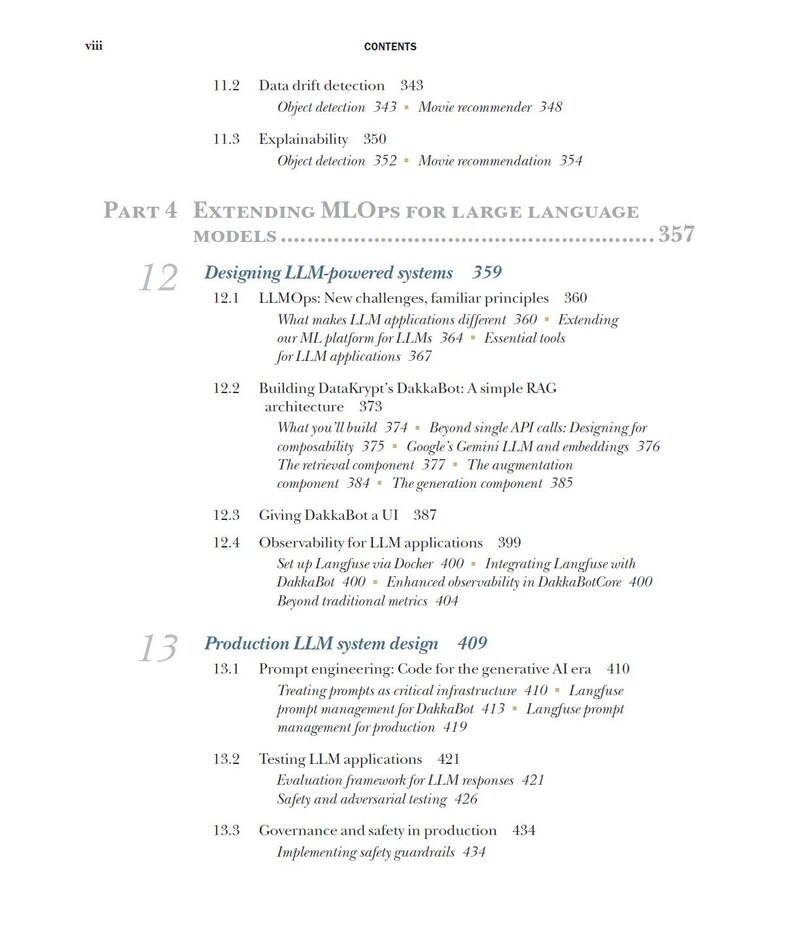 May include: A page from a book contents section titled Part 4 Extending MLOps for Large Language Models, listing chapters 12 and 13 with subheadings including Designing LLM-powered systems, Building DataKrypt's DakkaBot, and Production LLM system design.