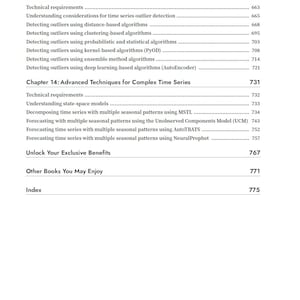 Op de afbeelding: Een pagina uit de inhoudsopgave van een boek met de titel Hoofdstuk 13: Outlier Detection Using Unsupervised Machine Learning en Hoofdstuk 14: Advanced Techniques for Complex Time Series, met technische vereisten en methoden.