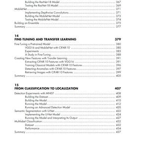 May include: A black and white table of contents page from a technical book. It lists chapter 14, Fine-Tuning and Transfer Learning, and chapter 15, From Classification to Localization, with their respective subtopics and page numbers ranging from 363 to 437.