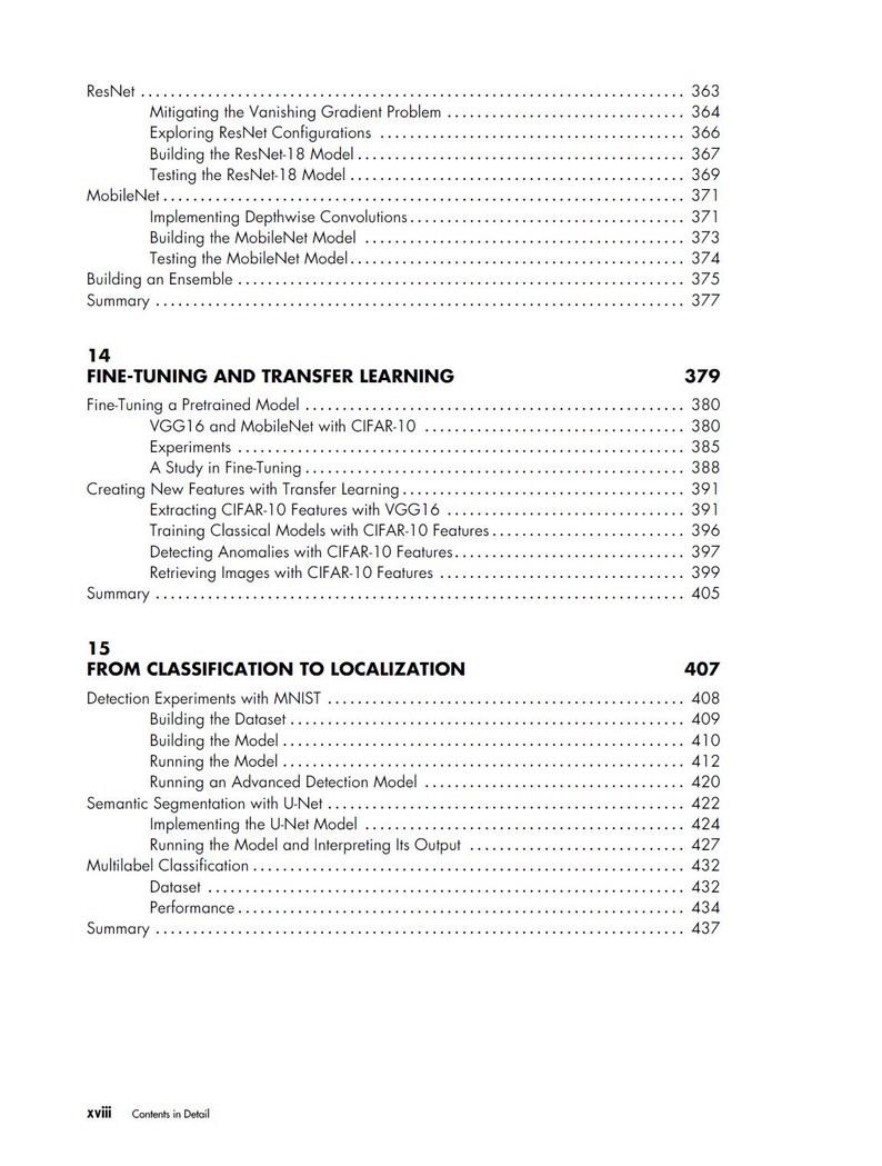 May include: A black and white table of contents page from a technical book. It lists chapter 14, Fine-Tuning and Transfer Learning, and chapter 15, From Classification to Localization, with their respective subtopics and page numbers ranging from 363 to 437.