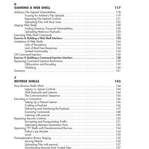 May include: A page from a technical book showing a detailed table of contents for chapters 6 and 7. The text lists topics including Gaining a Web Shell, Arbitrary File Upload Vulnerabilities, Reverse Shells, and various exercises for security testing.