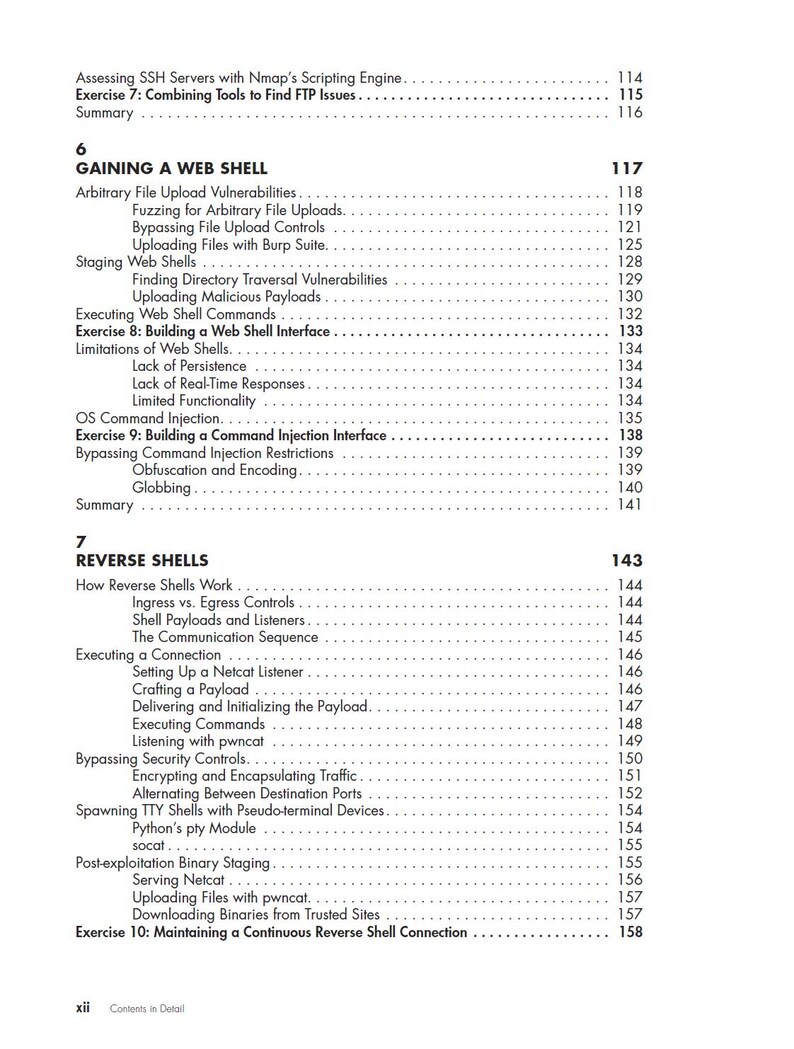 May include: A page from a technical book showing a detailed table of contents for chapters 6 and 7. The text lists topics including Gaining a Web Shell, Arbitrary File Upload Vulnerabilities, Reverse Shells, and various exercises for security testing.