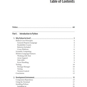 K&ouml;nnte beinhalten: Eine schwarz-wei&szlig;e Inhaltsverzeichnisseite aus einem Buch. Der Text enth&auml;lt Preface, Part I Introduction to Python sowie Kapitel mit den Titeln Why Python for Excel und Development Environment, mit den Seitenzahlen auf der rechten Seite.