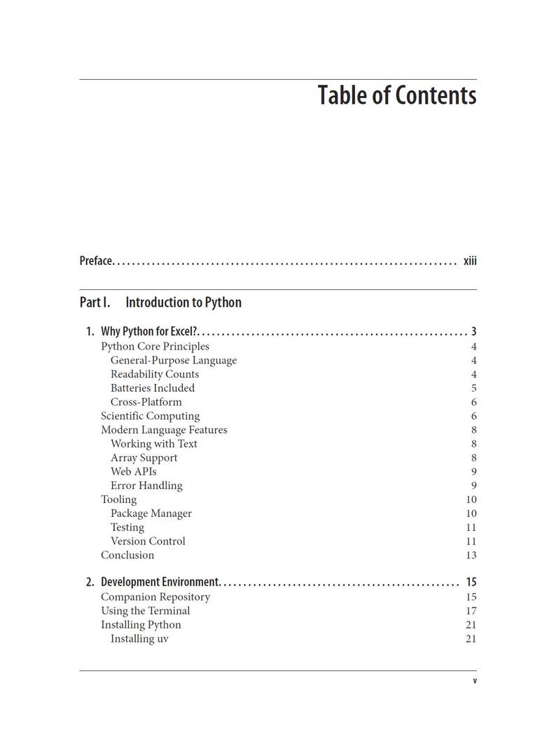 K&ouml;nnte beinhalten: Eine schwarz-wei&szlig;e Inhaltsverzeichnisseite aus einem Buch. Der Text enth&auml;lt Preface, Part I Introduction to Python sowie Kapitel mit den Titeln Why Python for Excel und Development Environment, mit den Seitenzahlen auf der rechten Seite.