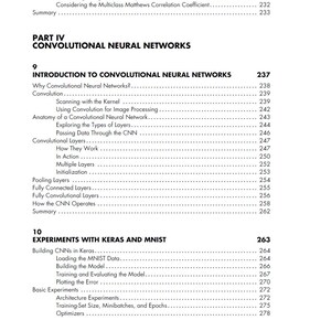 May include: A page from a book table of contents titled Part IV Convolutional Neural Networks, listing chapter 9 Introduction to Convolutional Neural Networks and chapter 10 Experiments with Keras and MNIST with corresponding page numbers.