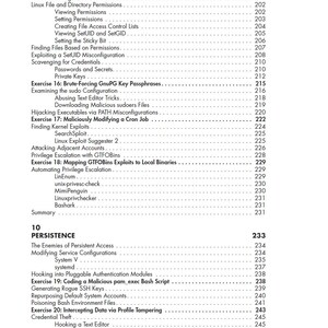 May include: A black and white table of contents page from a technical book. The text lists chapter 9, Privilege Escalation, starting on page 201, and chapter 10, Persistence, starting on page 233, with various subtopics and exercises.