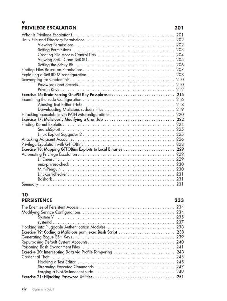 May include: A black and white table of contents page from a technical book. The text lists chapter 9, Privilege Escalation, starting on page 201, and chapter 10, Persistence, starting on page 233, with various subtopics and exercises.