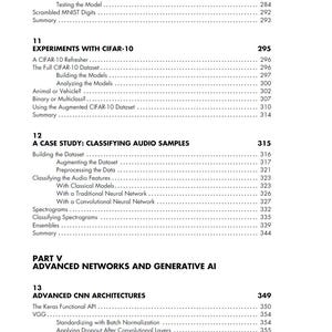 May include: A page from a book table of contents titled Contents in Detail, listing chapters 11, 12, and 13. Chapter 11 covers Experiments with CIFAR-10, chapter 12 covers A Case Study: Classifying Audio Samples, and chapter 13 covers Advanced CNN Architectures.