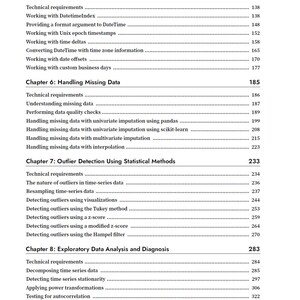 Op de afbeelding: Een zwart-wit inhoudsopgavepagina uit een technisch boek. Het bevat hoofdstuk 5: Working with Date and Time in Python, hoofdstuk 6: Handling Missing Data, hoofdstuk 7: Outlier Detection Using Statistical Methods en hoofdstuk 8: Exploratory Data Analysis and Diagnosis met de bijbehorende paginanummers.