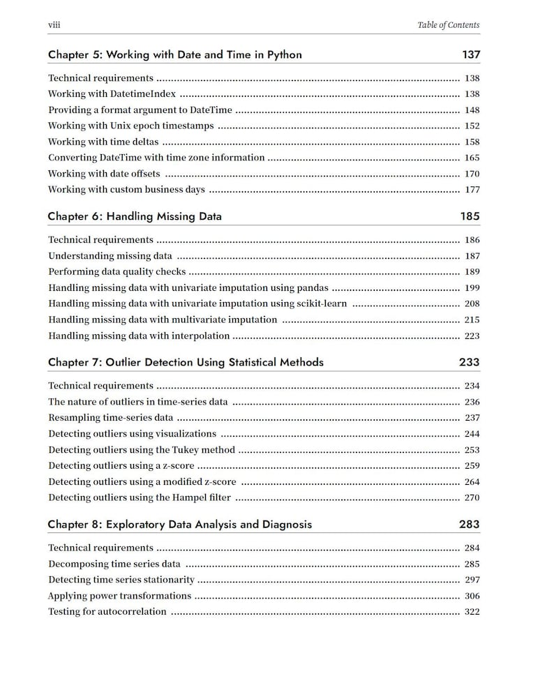 Op de afbeelding: Een zwart-wit inhoudsopgavepagina uit een technisch boek. Het bevat hoofdstuk 5: Working with Date and Time in Python, hoofdstuk 6: Handling Missing Data, hoofdstuk 7: Outlier Detection Using Statistical Methods en hoofdstuk 8: Exploratory Data Analysis and Diagnosis met de bijbehorende paginanummers.
