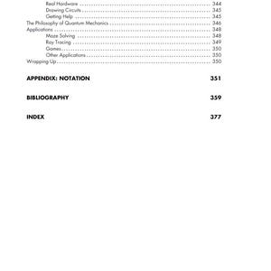 以下が含まれることがあります： Quantum Computing Resources、The Philosophy of Quantum Mechanics、Applications、Appendix: Notation、Bibliography、Indexなどのテキストセクションと、それに対応するページ番号が記載された白黒の目次ページ。