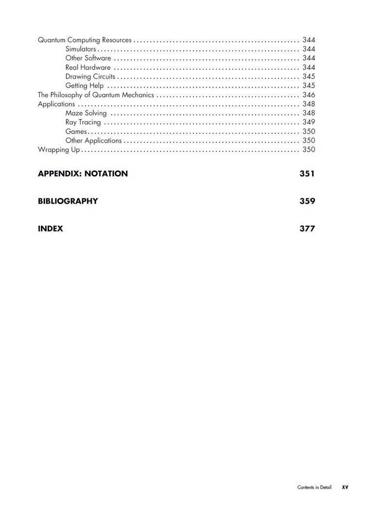 以下が含まれることがあります： Quantum Computing Resources、The Philosophy of Quantum Mechanics、Applications、Appendix: Notation、Bibliography、Indexなどのテキストセクションと、それに対応するページ番号が記載された白黒の目次ページ。