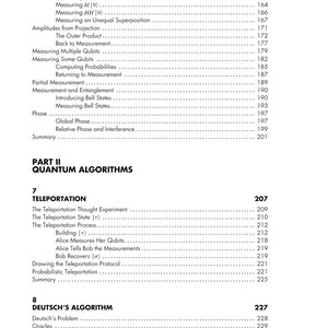 以下が含まれることがあります： Experiments、Part II Quantum Algorithms、Teleportation、Deutsch's Algorithmというタイトルのテキストセクションと、162から234までの対応するページ番号が記載された、白黒の書籍の目次ページ。