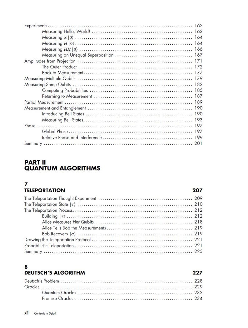 以下が含まれることがあります： Experiments、Part II Quantum Algorithms、Teleportation、Deutsch's Algorithmというタイトルのテキストセクションと、162から234までの対応するページ番号が記載された、白黒の書籍の目次ページ。