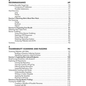 May include: A page from a book titled Contents in Detail, showing chapter 4, Reconnaissance, and chapter 5, Vulnerability Scanning and Fuzzing. The text lists various technical topics, exercises, and sub-sections related to cybersecurity and network scanning.