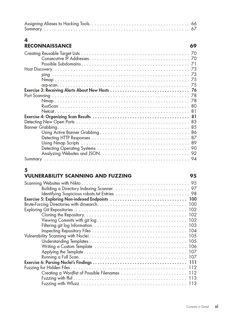 May include: A page from a book titled Contents in Detail, showing chapter 4, Reconnaissance, and chapter 5, Vulnerability Scanning and Fuzzing. The text lists various technical topics, exercises, and sub-sections related to cybersecurity and network scanning.