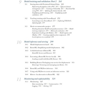 May include: A table of contents page from a technical book, featuring chapters 9, 10, and 11. Chapter 9 covers model training and validation, chapter 10 details model inference and serving, and chapter 11 focuses on monitoring and explainability.