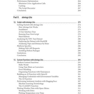 K&ouml;nnte beinhalten: Eine Inhaltsverzeichnisseite aus einem Fachbuch mit dem Teil V mit dem Titel xlwings Lite. Der Text listet Kapitel 12, Scripts with xlwings Lite, und Kapitel 13, Custom Functions with xlwings Lite, zusammen mit den jeweiligen Unterthemen und Seitenzahlen auf.