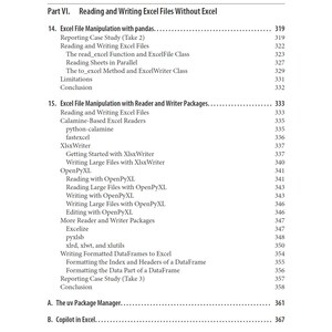 K&ouml;nnte beinhalten: Eine Inhaltsverzeichnisseite aus einem Fachbuch, die Teil VI: Reading and Writing Excel Files Without Excel zeigt. Sie listet die Kapitel 14 und 15 mit detaillierten Unterthemen, Seitenzahlen sowie die Anh&auml;nge A und B in schwarzem Text.