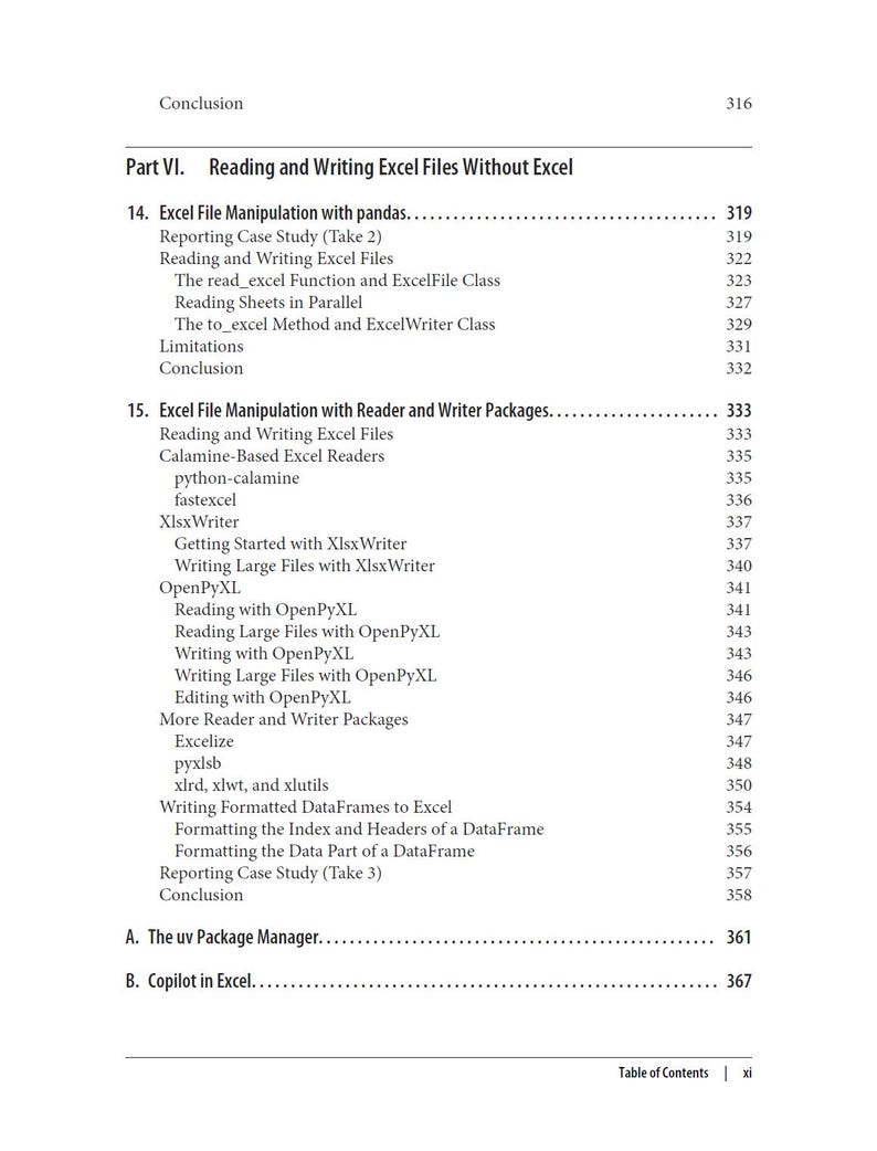 K&ouml;nnte beinhalten: Eine Inhaltsverzeichnisseite aus einem Fachbuch, die Teil VI: Reading and Writing Excel Files Without Excel zeigt. Sie listet die Kapitel 14 und 15 mit detaillierten Unterthemen, Seitenzahlen sowie die Anh&auml;nge A und B in schwarzem Text.
