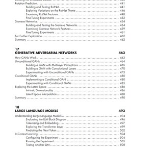 May include: A black and white table of contents page from a technical book. It lists chapter 16 Self-Supervised Learning, chapter 17 Generative Adversarial Networks, and chapter 18 Large Language Models with their corresponding page numbers and subtopics.