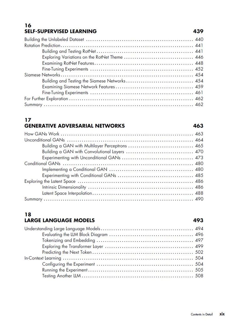 May include: A black and white table of contents page from a technical book. It lists chapter 16 Self-Supervised Learning, chapter 17 Generative Adversarial Networks, and chapter 18 Large Language Models with their corresponding page numbers and subtopics.