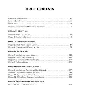 May include: A black and white table of contents page titled BRIEF CONTENTS, listing chapters from 0 to 14 organized into five parts, including topics like Data Is Everything, Classical Machine Learning, Neural Networks, and Generative AI.