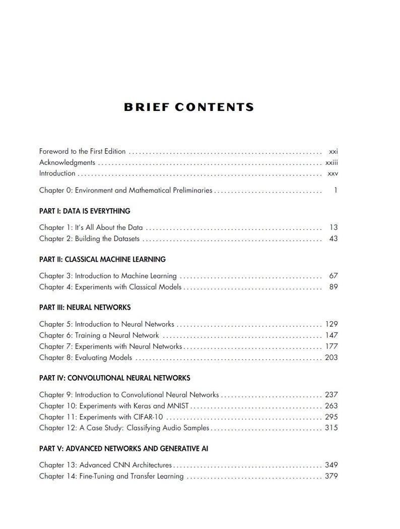 May include: A black and white table of contents page titled BRIEF CONTENTS, listing chapters from 0 to 14 organized into five parts, including topics like Data Is Everything, Classical Machine Learning, Neural Networks, and Generative AI.