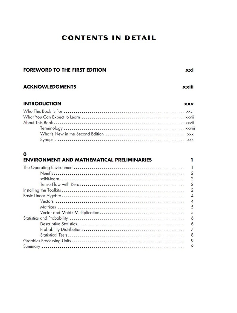 May include: A black and white table of contents page titled CONTENTS IN DETAIL. It lists sections including Foreword to the First Edition, Acknowledgments, Introduction, and Environment and Mathematical Preliminaries with corresponding page numbers.