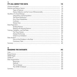 May include: A black and white table of contents page from a book titled Part I Data Is Everything. The text lists chapters and subheadings including It's All About the Data, Building the Datasets, and various topics like Classes and Labels.