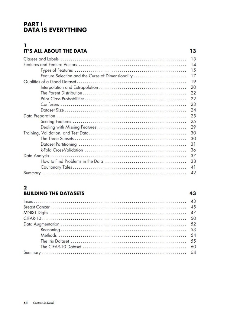 May include: A black and white table of contents page from a book titled Part I Data Is Everything. The text lists chapters and subheadings including It's All About the Data, Building the Datasets, and various topics like Classes and Labels.