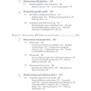 May include: A book contents page titled CONTENTS, listing chapters 5 through 8. Chapter 5 covers Orchestrating ML pipelines, chapter 6 Productionizing ML models, Part 3 Applying MLOps in Practice, chapter 7 Data analysis and preparation, and chapter 8 Model training and validation: Part 1, with associated page numbers.