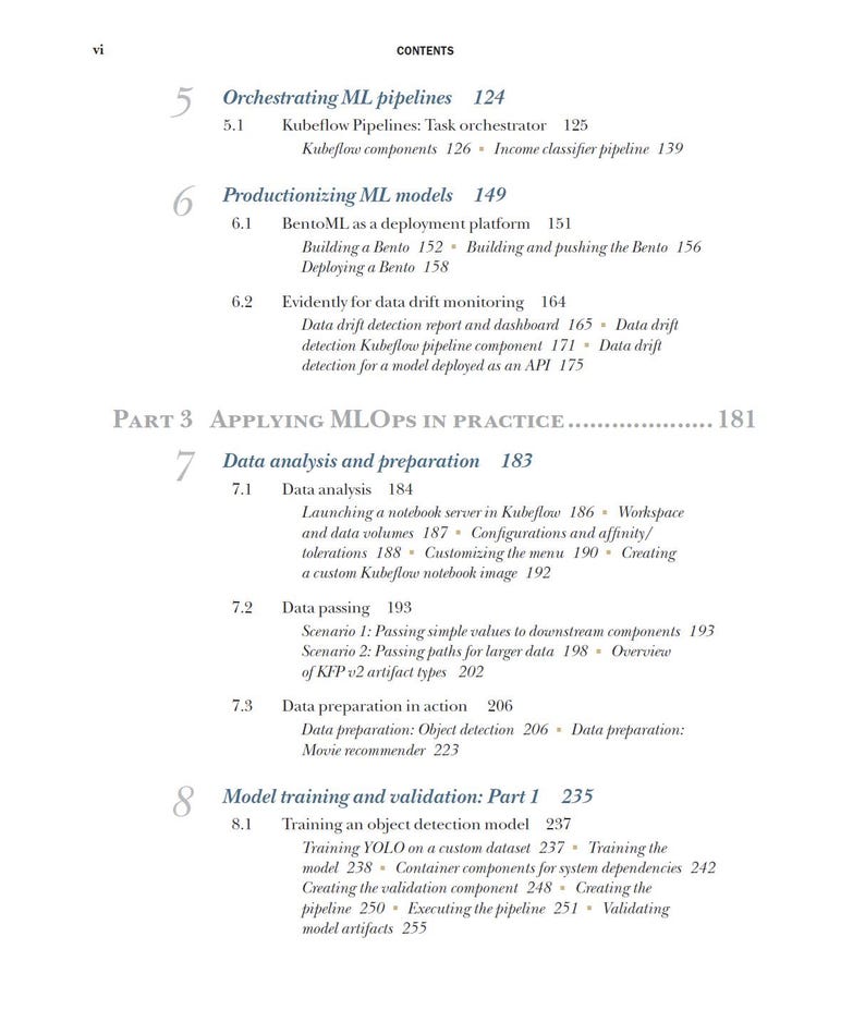 May include: A book contents page titled CONTENTS, listing chapters 5 through 8. Chapter 5 covers Orchestrating ML pipelines, chapter 6 Productionizing ML models, Part 3 Applying MLOps in Practice, chapter 7 Data analysis and preparation, and chapter 8 Model training and validation: Part 1, with associated page numbers.