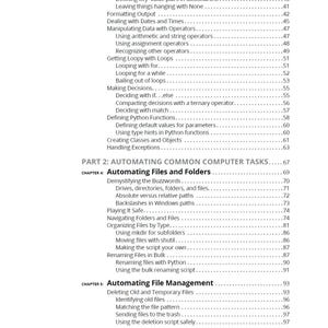 以下が含まれることがあります： Python Automation For Dummiesというタイトルの書籍のページ。キーと値のペアの定義、ループ、意思決定、関数の定義、およびファイル管理などの一般的なコンピュータタスクの自動化に関するセクションを含む目次が表示されています。