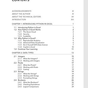 May include: A book contents page titled CONTENTS, listing sections including ACKNOWLEDGMENTS, ABOUT THE AUTHOR, ABOUT THE TECHNICAL EDITORS, INTRODUCTION, CHAPTER 1: INTRODUCING PYTHON IN EXCEL, and CHAPTER 2: DATA TYPES with corresponding page numbers.