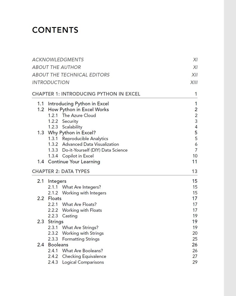 May include: A book contents page titled CONTENTS, listing sections including ACKNOWLEDGMENTS, ABOUT THE AUTHOR, ABOUT THE TECHNICAL EDITORS, INTRODUCTION, CHAPTER 1: INTRODUCING PYTHON IN EXCEL, and CHAPTER 2: DATA TYPES with corresponding page numbers.