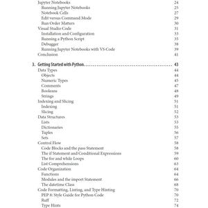 K&ouml;nnte beinhalten: Eine Inhaltsverzeichnisseite aus einem Fachbuch mit schwarzem Text auf wei&szlig;em Hintergrund. Sie listet Kapitel drei, Getting Started with Python, sowie Unterthemen wie Data Types, Indexing and Slicing und Control Flow mit den entsprechenden Seitenzahlen auf.