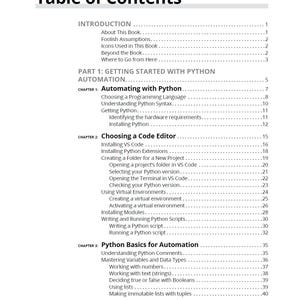 以下が含まれることがあります： Table of Contentsというタイトルの技術書の白黒の目次ページ。導入部と、Pythonの自動化に関する3つの章が記載されており、Pythonのインストール、VS Code、Pythonの基礎などのトピックが含まれています。
