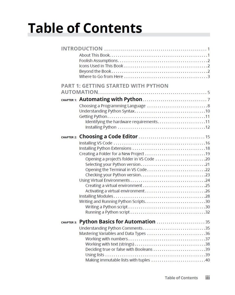 以下が含まれることがあります： Table of Contentsというタイトルの技術書の白黒の目次ページ。導入部と、Pythonの自動化に関する3つの章が記載されており、Pythonのインストール、VS Code、Pythonの基礎などのトピックが含まれています。