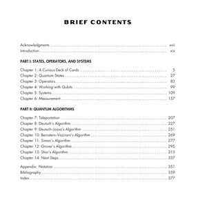 以下が含まれることがあります： 「BRIEF CONTENTS」と題された白黒の目次ページ。Acknowledgments、Introduction、および2つのパートが記載されています。PART I: STATES, OPERATORS, AND SYSTEMS（第1章〜第6章）と、PART II: QUANTUM ALGORITHMS（第7章〜第14章）、さらに付録、参考文献、索引が含まれています。