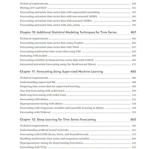 Op de afbeelding: Een zwart-wit inhoudsopgavepagina uit een technisch boek, met de hoofdstukken 9 tot en met 12. De tekst beschrijft onderwerpen zoals univariate tijdreeksmodellen, statistische modelleringstechnieken, supervised machine learning en deep learning.