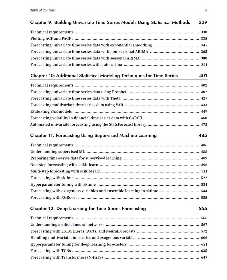 Op de afbeelding: Een zwart-wit inhoudsopgavepagina uit een technisch boek, met de hoofdstukken 9 tot en met 12. De tekst beschrijft onderwerpen zoals univariate tijdreeksmodellen, statistische modelleringstechnieken, supervised machine learning en deep learning.